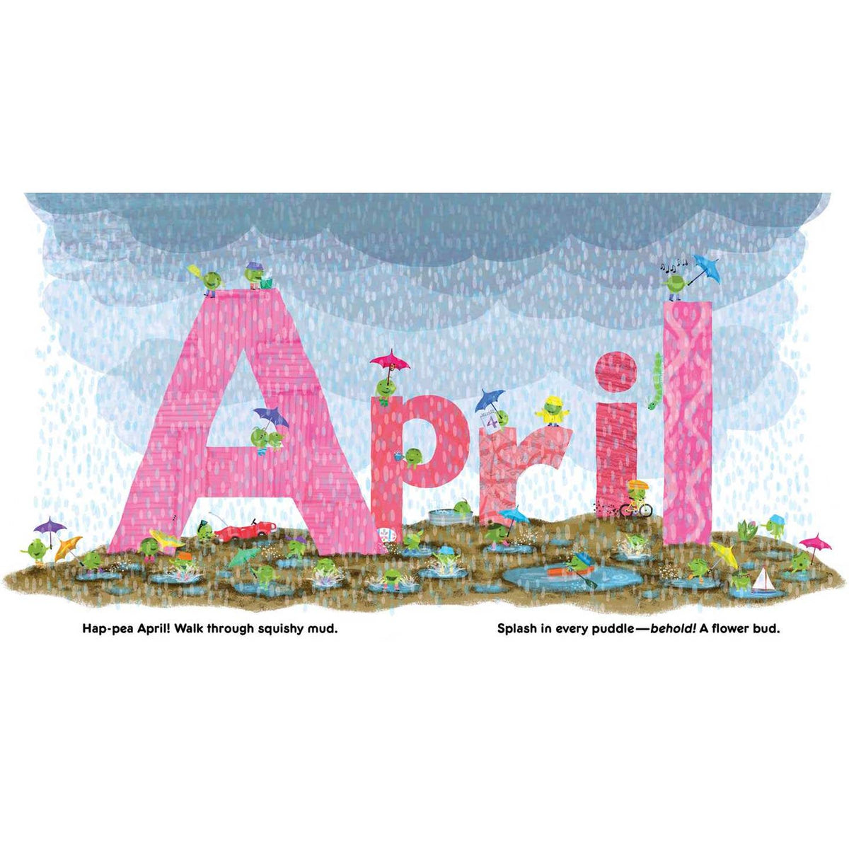 Illustration of the word 'April' with gardening elements and text on a white background