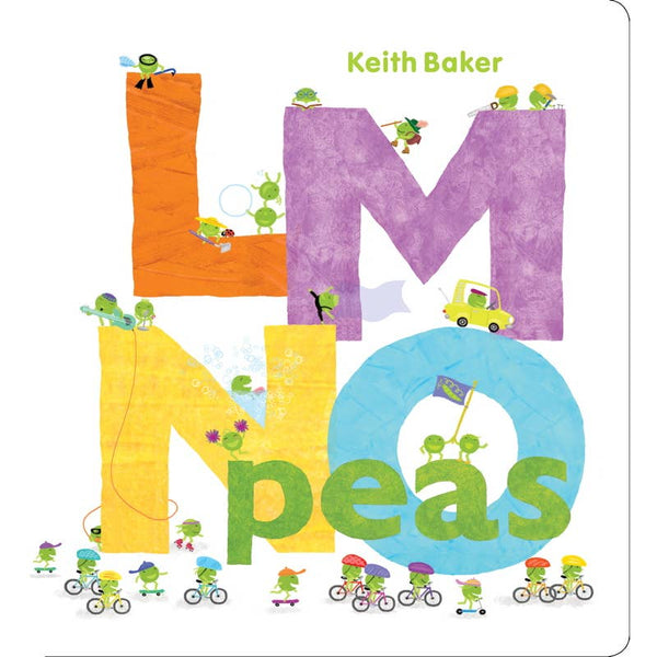 Book cover of 'LMN peas' by Keith Baker with colorful letters and small characters on a white background.