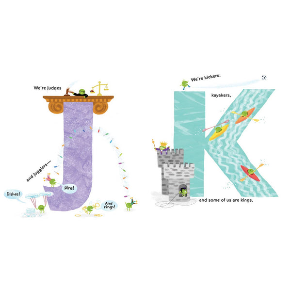 Illustrations of letters 'J' and 'K' with accompanying text and small characters on a white background.
