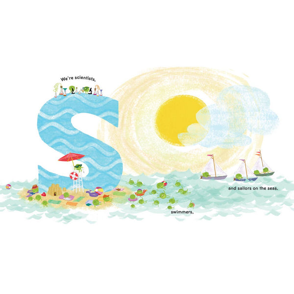 Illustration of a beach scene with people, boats, and a large sun.