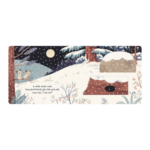 Illustrated book page with a snowy landscape and birds, featuring text.