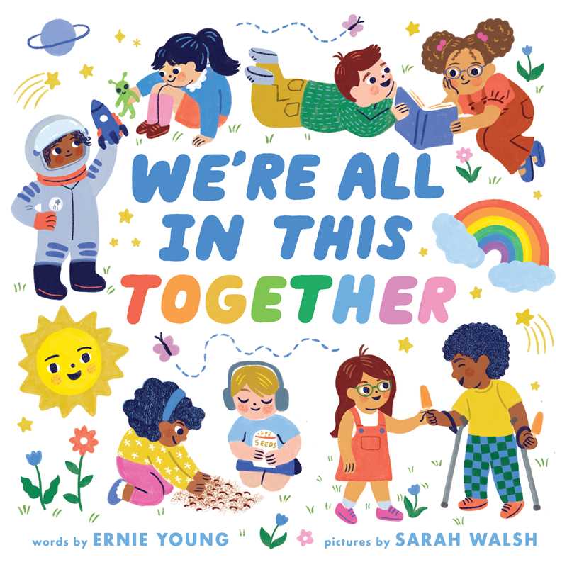 Children's book cover with diverse children and colorful text 'We're All In This Together' by Ernie Young and Sarah Walsh.