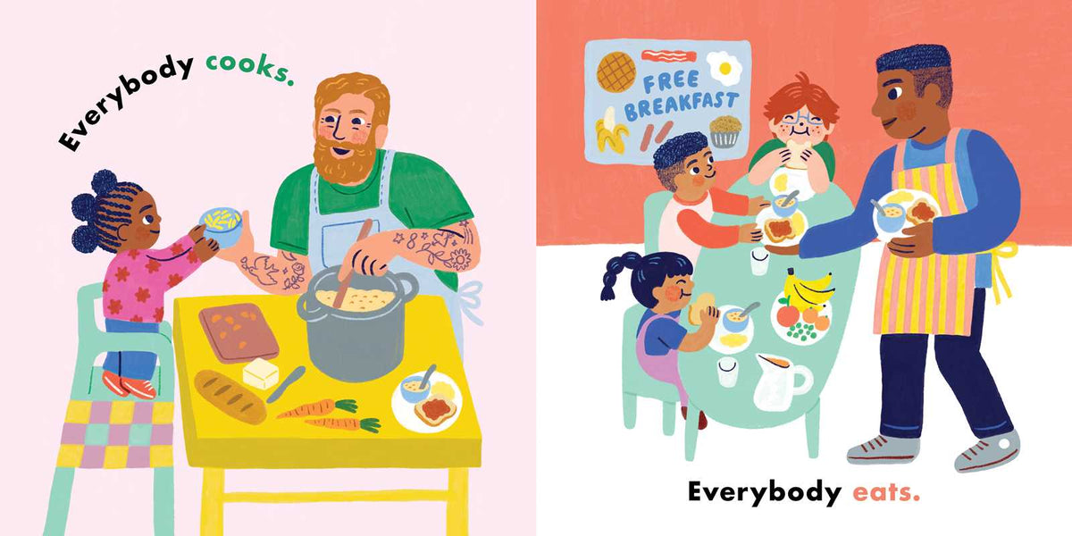 Illustration of a family cooking together and children eating at a table with a free breakfast sign.