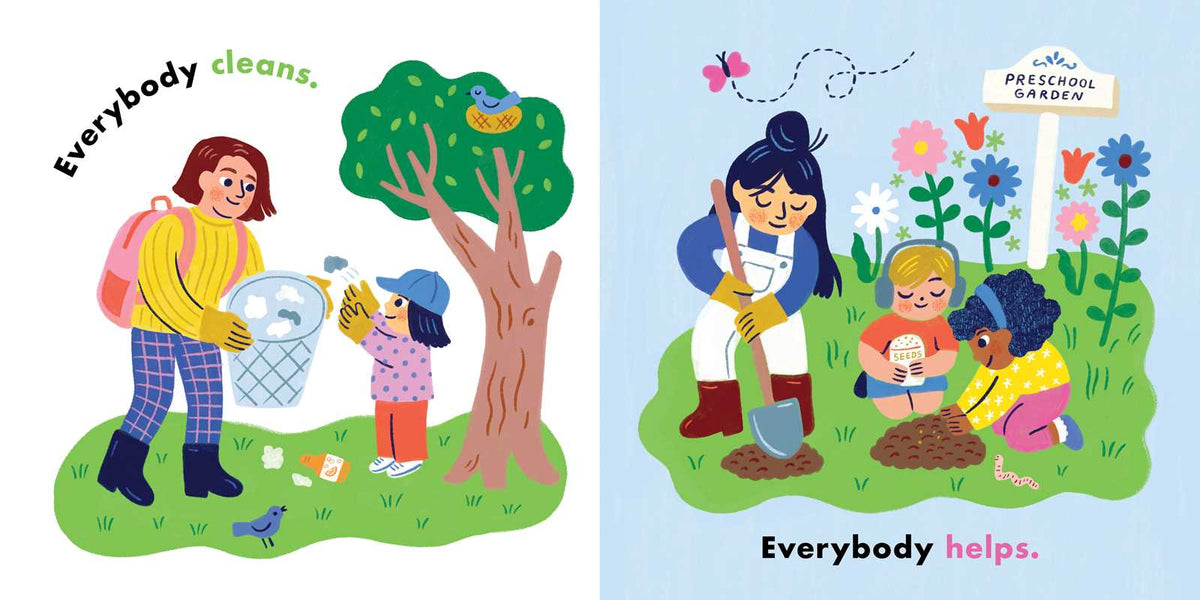 Illustrations of children cleaning up and gardening with text about community involvement.