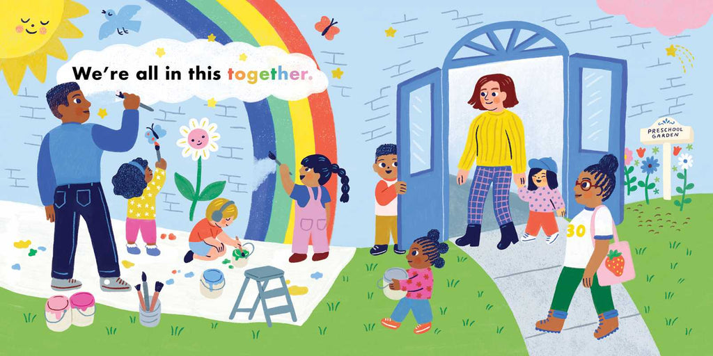 Illustration of children and adults together with text 'We're all in this together' on a colorful background.
