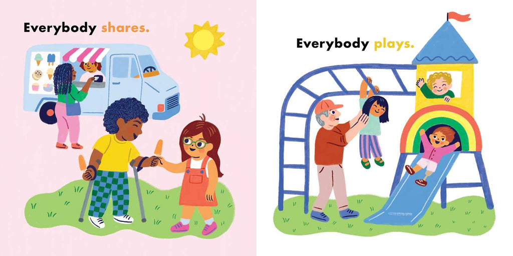Illustration of children playing at a playground with text 'Everybody shares' and 'Everybody plays'.
