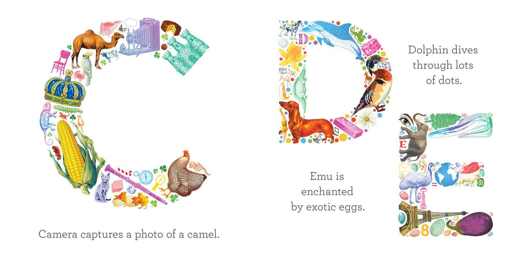 Illustrations of the letter 'D' with various animals and objects on a white background