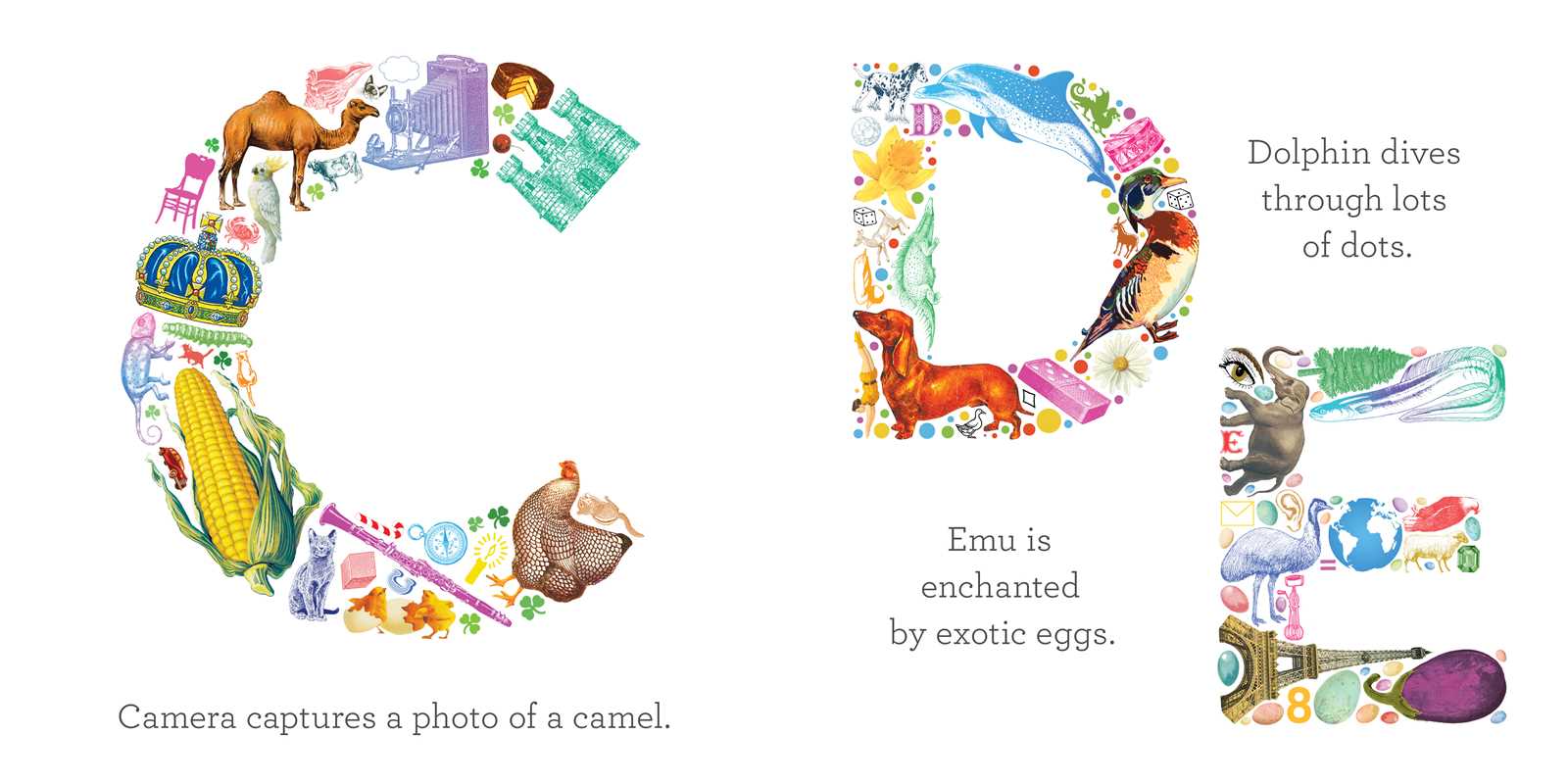 Illustrations of the letter 'D' with various animals and objects on a white background