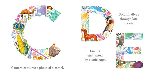 Illustrations of the letter 'D' with various animals and objects on a white background