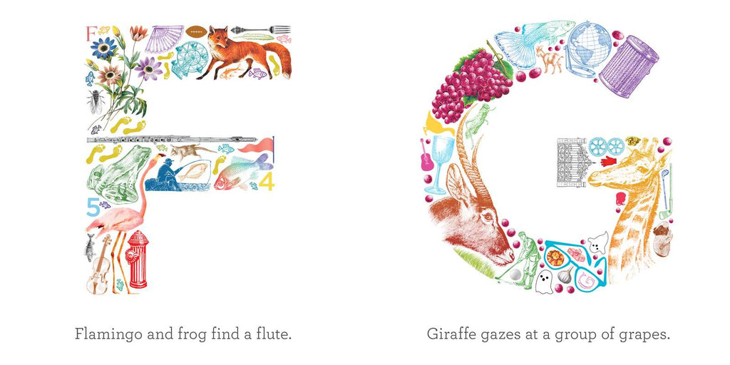 Colorful children's book page with illustrations of animals and objects, featuring text at the bottom.