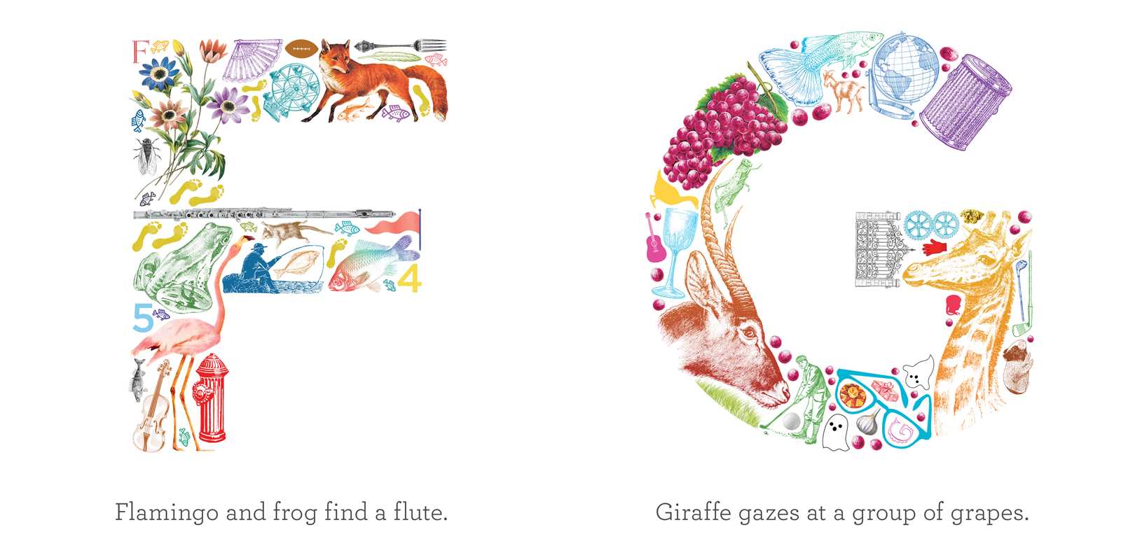 Colorful children's book page with illustrations of animals and objects, featuring text at the bottom.