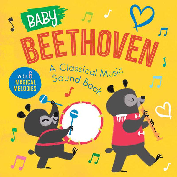 Book cover of 'Baby Beethoven' with cartoon bears playing music instruments on a yellow background.