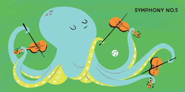 Cartoon octopus playing violins with a green background and 'Symphony No. 5' text.