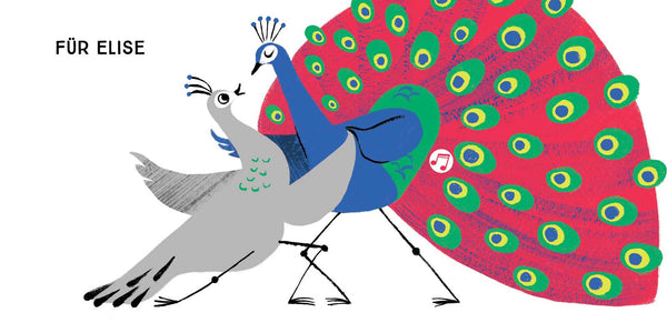 Illustration of two peacocks with a large, colorful tail fan on a white background.