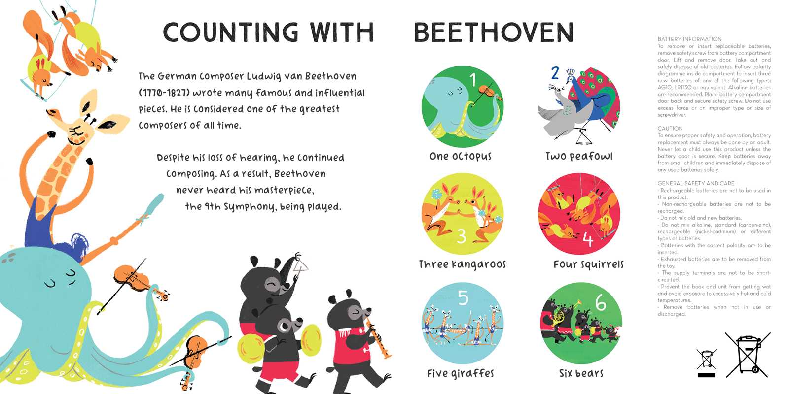 Children's book page with illustrations of animals and numbers, titled 'Counting with Beethoven'.