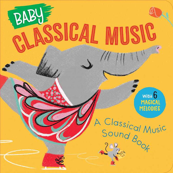 Book cover of 'Baby Classical Music' with an elephant illustration on a yellow background