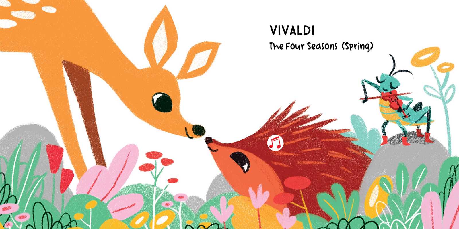 Illustration of a deer and hedgehog smelling each other with flowers and a cricket, featuring the Vivaldi 'Four Seasons' Spring theme.