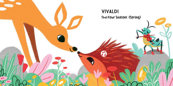 Illustration of a deer and hedgehog smelling each other with flowers and a cricket, featuring the Vivaldi 'Four Seasons' Spring theme.