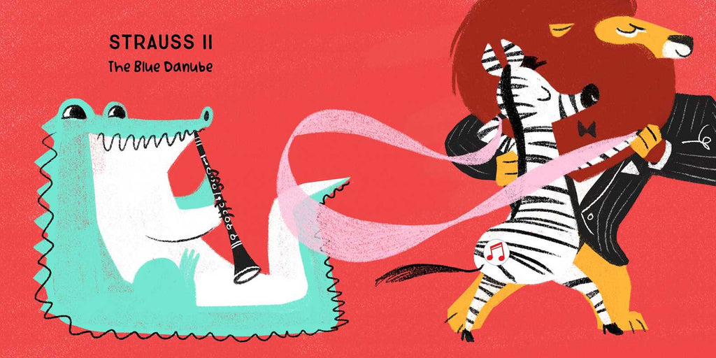 Illustration of a crocodile playing a clarinet and a zebra in a lion costume on a red background.