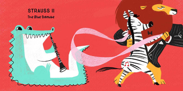 Illustration of a crocodile playing a clarinet and a zebra in a lion costume on a red background.