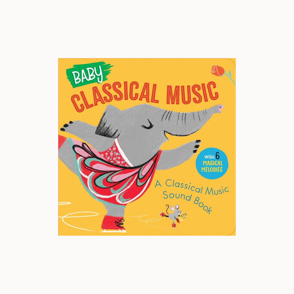 Book cover of 'Baby Classical Music' with an elephant illustration on a yellow background