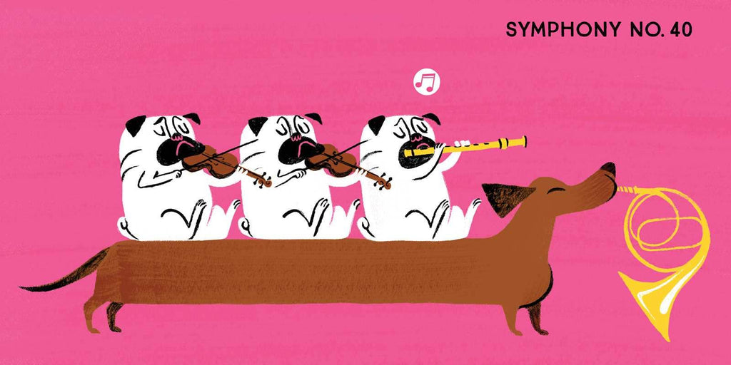 Illustration of a dachshund playing a horn with three cats playing instruments on a pink background.
