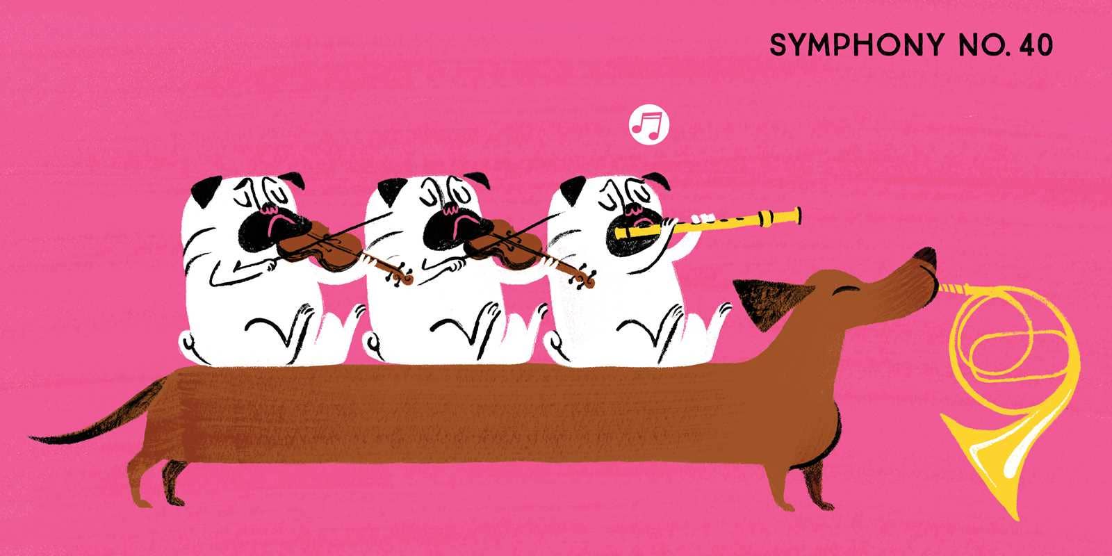 Illustration of a dachshund playing a horn with three cats playing instruments on a pink background.