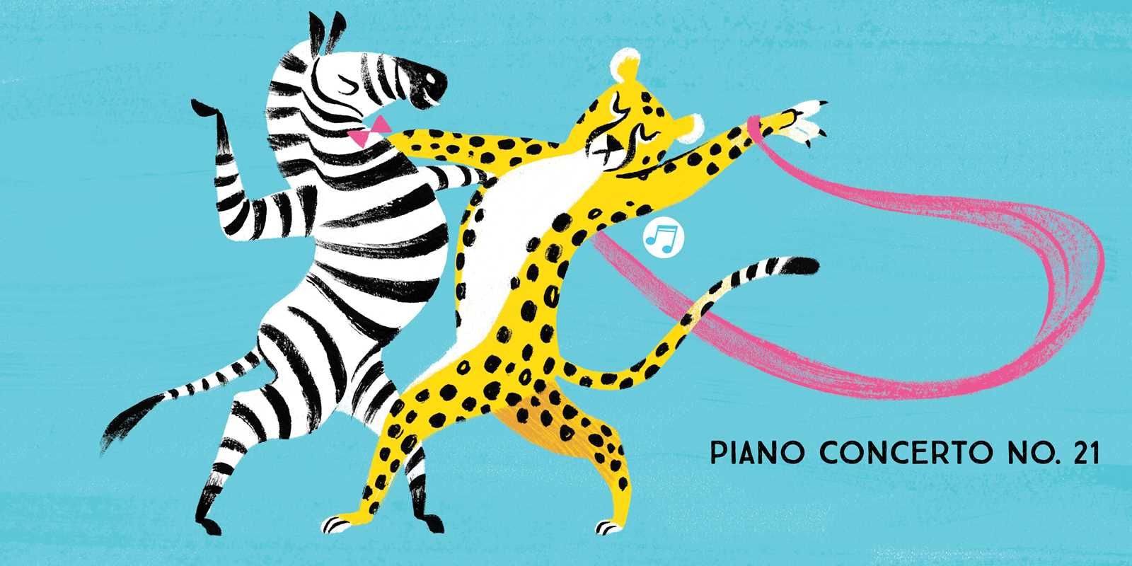 Two dancing animals, a zebra and a cheetah, with musical notes on a blue background. Text 'Piano Concerto No.