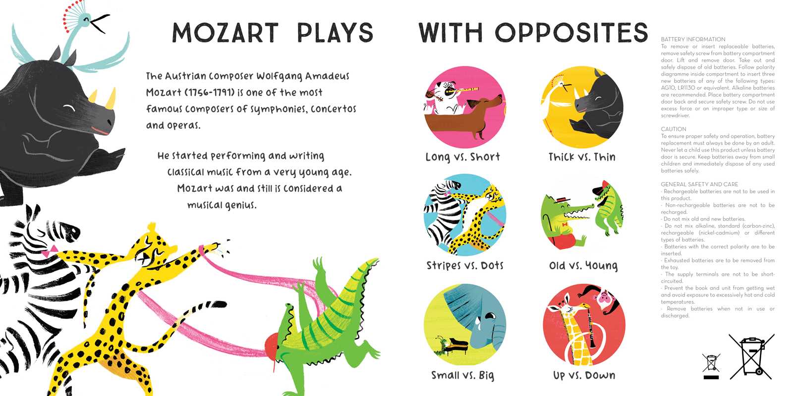 Illustrated book page about Mozart playing with opposites, featuring animals and contrasting elements.