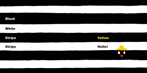 Black and white striped background with a yellow stripe and a small cartoon character.
