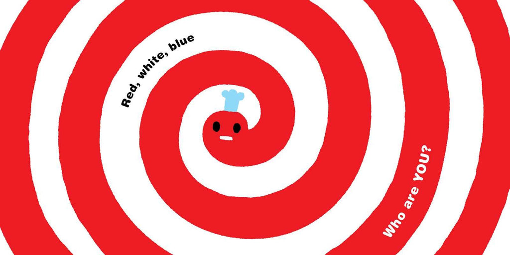 Red and white target-like design with a small character in the center and text around it.