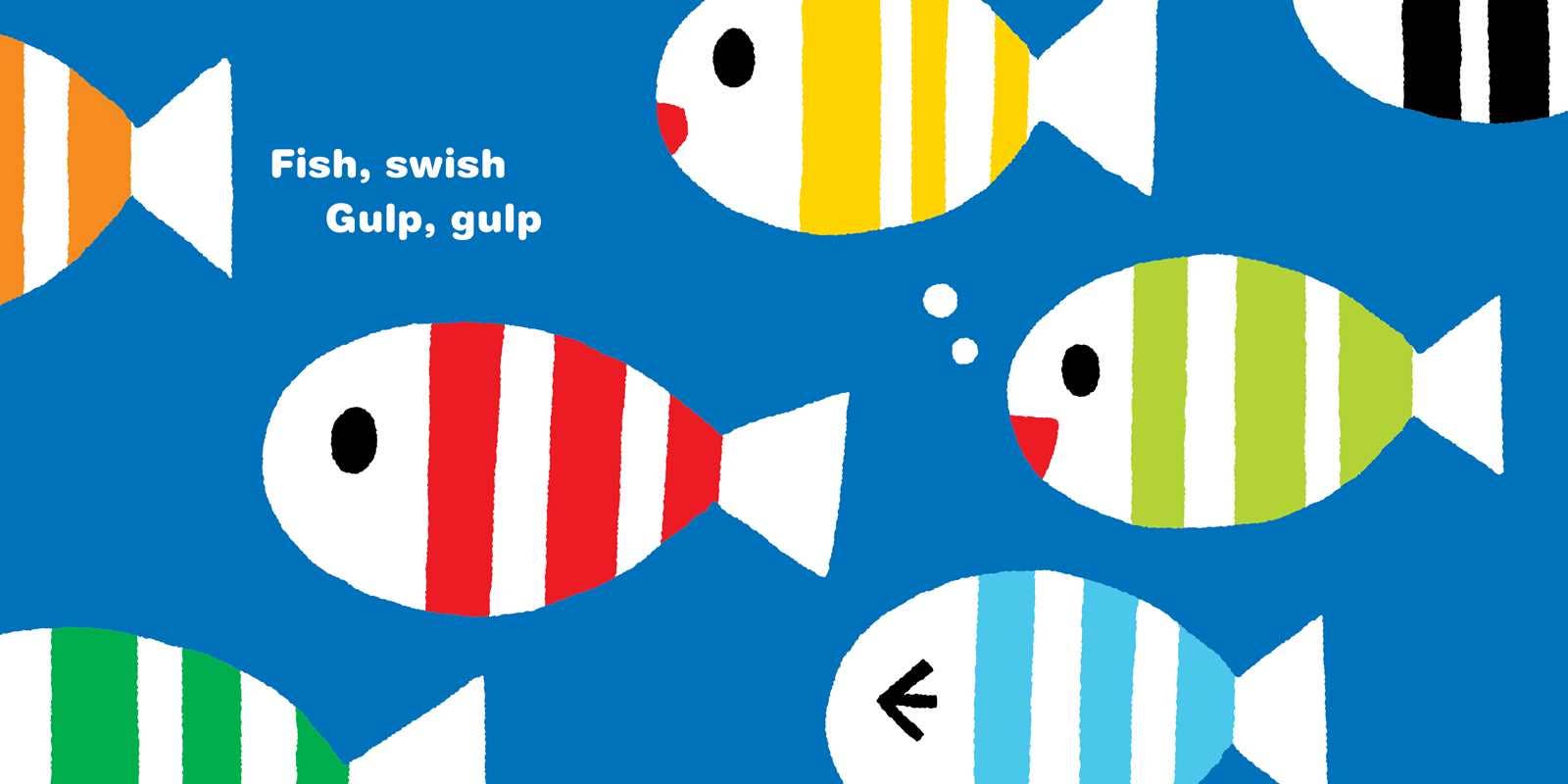Pattern of colorful fish on a blue background with text 'Fish, swish Gulp, gulp'.