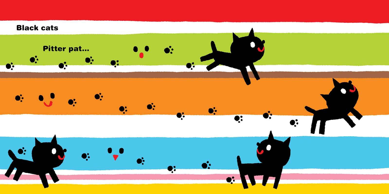 Striped background with black cats and paw prints on a colorful pattern