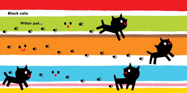 Striped background with black cats and paw prints on a colorful pattern