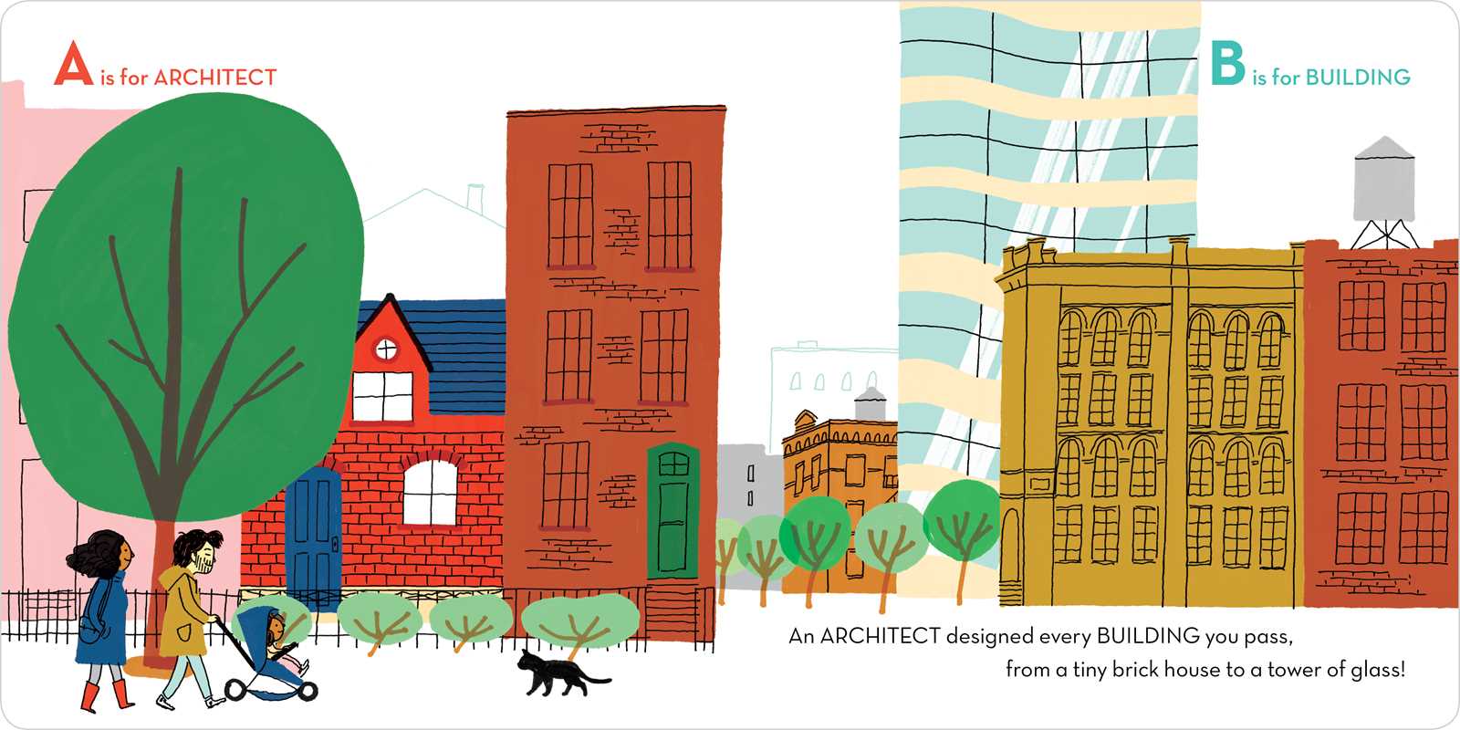 Illustrated book page with architectural elements and people walking.