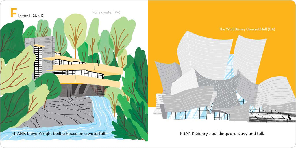 Illustrated book page with architectural illustrations and text about Frank Lloyd Wright and Frank Gehry.