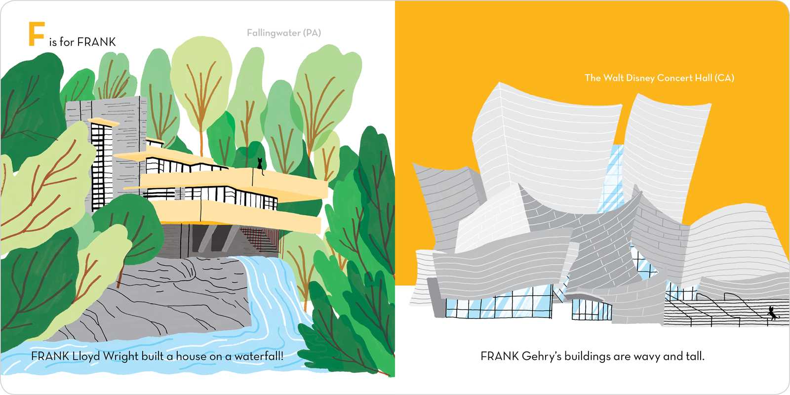 Illustrated book page with architectural illustrations and text about Frank Lloyd Wright and Frank Gehry.