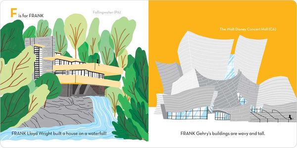 Illustrated book page with architectural illustrations and text about Frank Lloyd Wright and Frank Gehry.