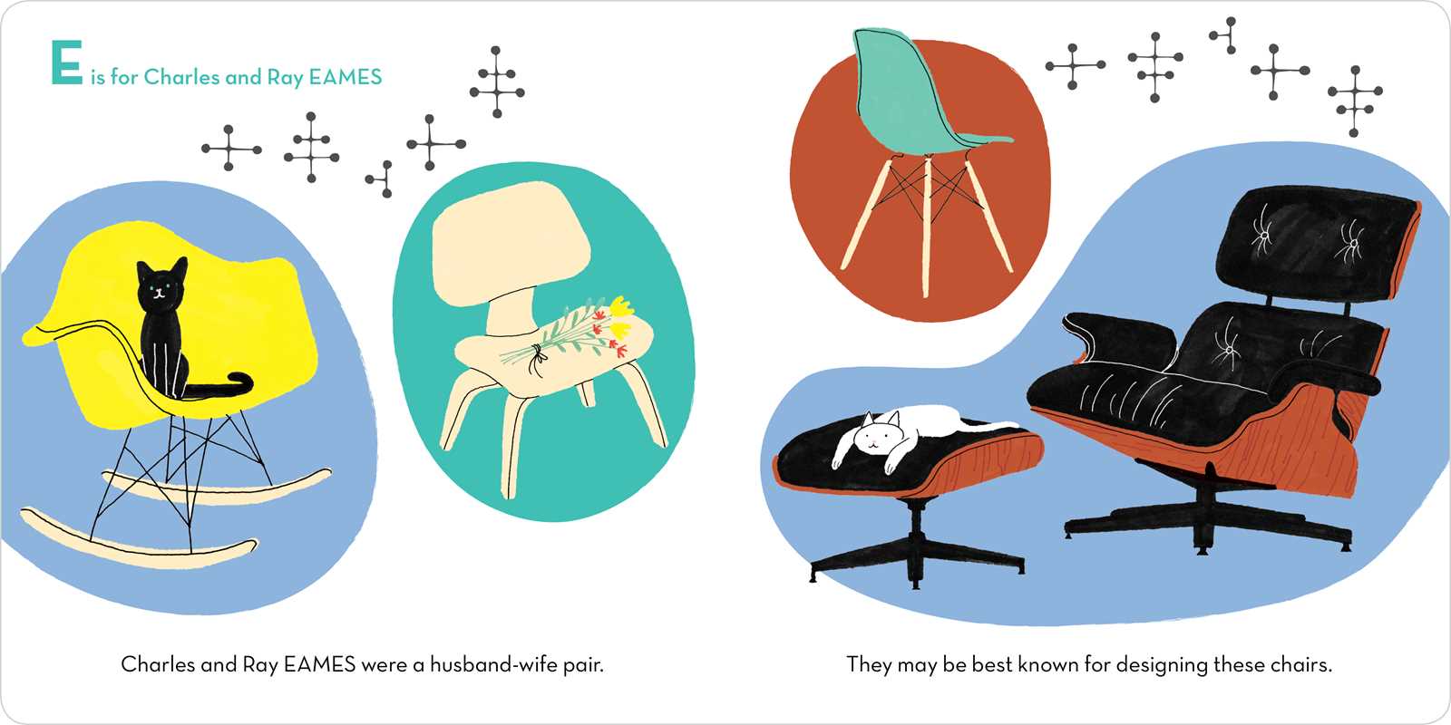 Illustrations of Eames chairs and a cat on a blue background with text about Charles and Ray Eames.