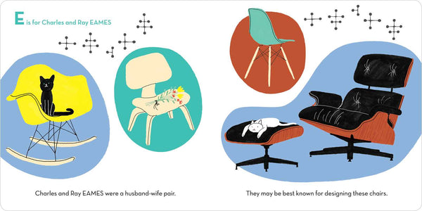 Illustrations of Eames chairs and a cat on a blue background with text about Charles and Ray Eames.