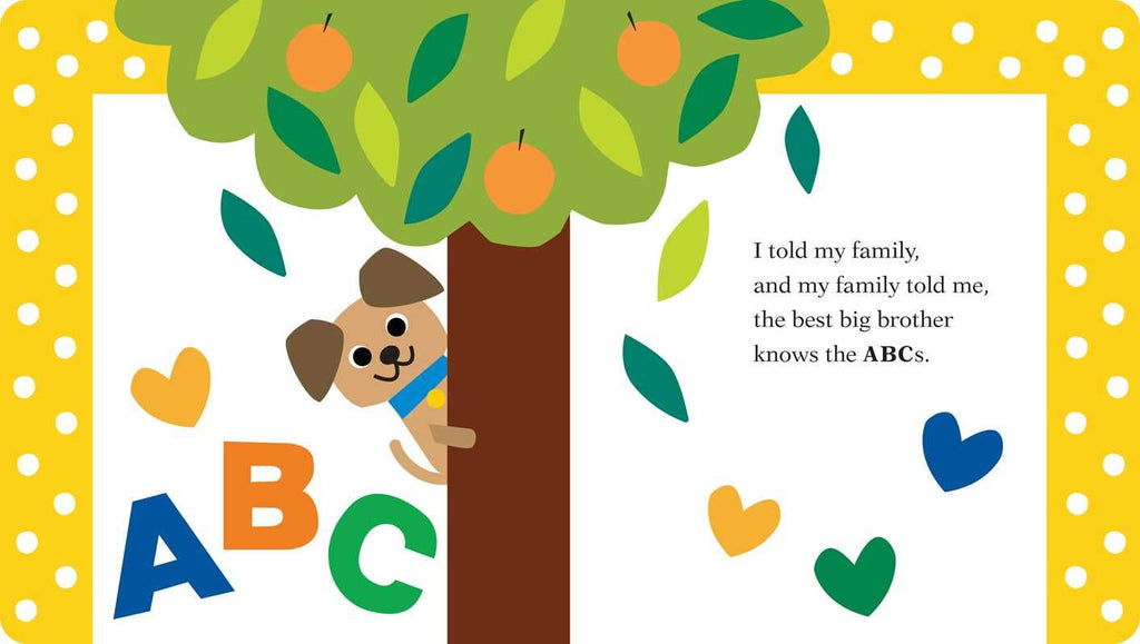 Illustration of a dog climbing a tree with fruits, surrounded by colorful letters and hearts on a yellow polka dot background.