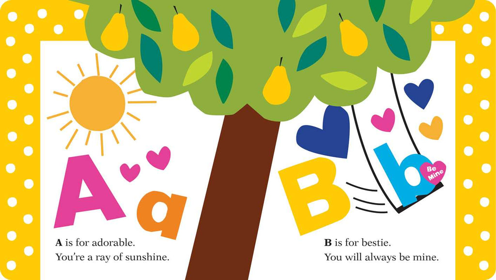Illustration of a tree with colorful letters and hearts, educational content for children.