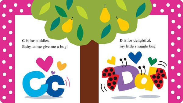 Children's book page with a tree, letters, and animals on a polka dot background