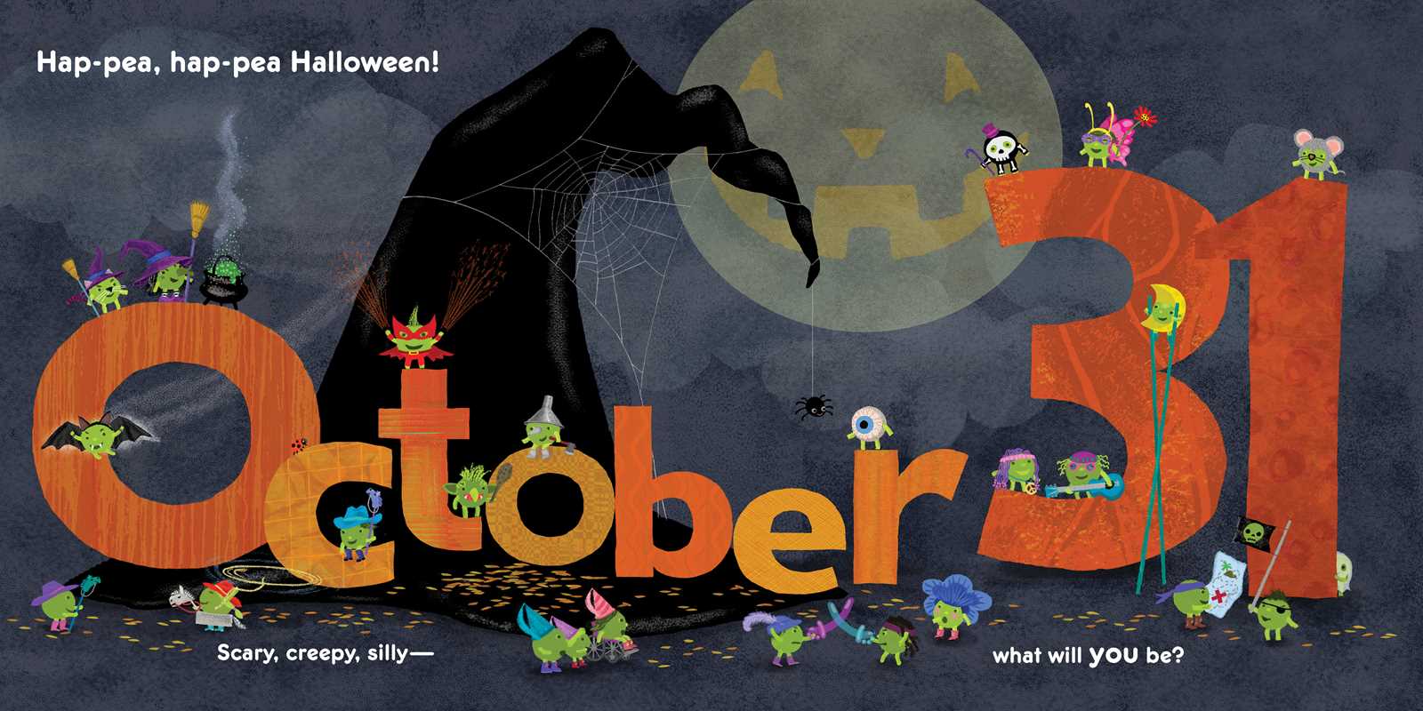 Halloween-themed illustration with text 'Hap-pea, hap-pea Halloween!' and 'October 31' on a dark background.