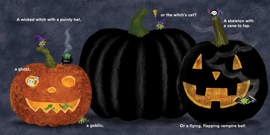 Halloween-themed illustration with pumpkins, witch, skeleton, ghost, and goblin on a dark background.