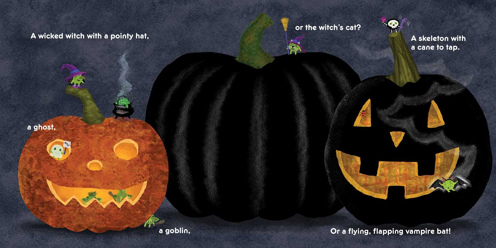 Halloween-themed illustration with pumpkins, witch, skeleton, ghost, and goblin on a dark background.