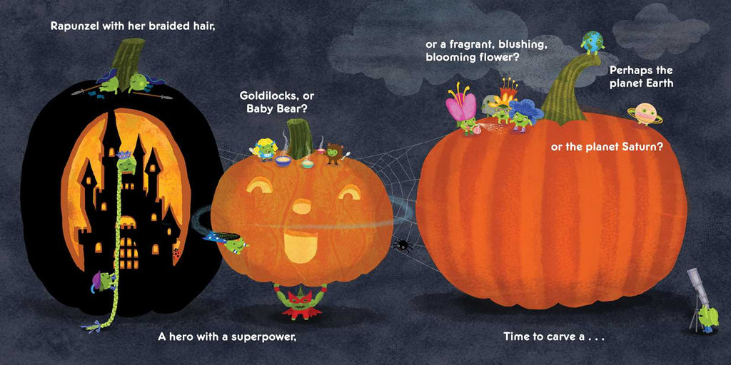 Illustrated pumpkins with characters and text on a dark background