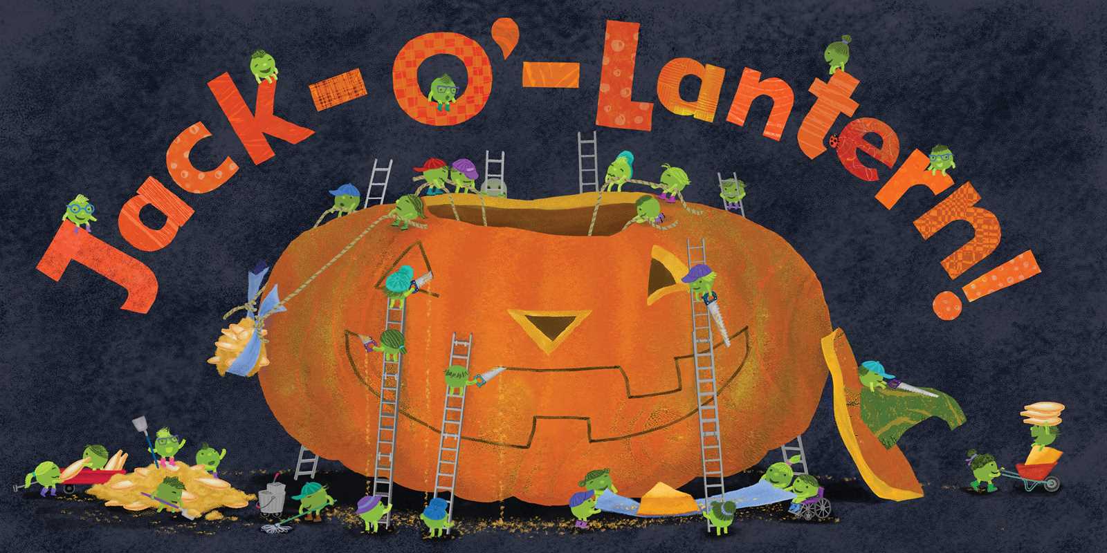 Illustration of a large pumpkin with 'Jack-O'-Lantern!' text and small green characters around it.