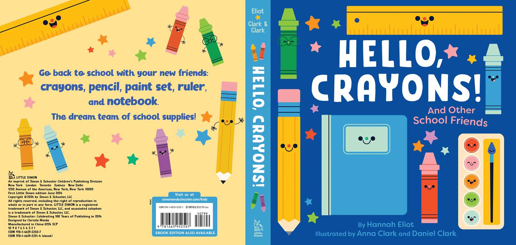 Book cover of 'Hello, Crayons!' with colorful crayon illustrations on a yellow background.
