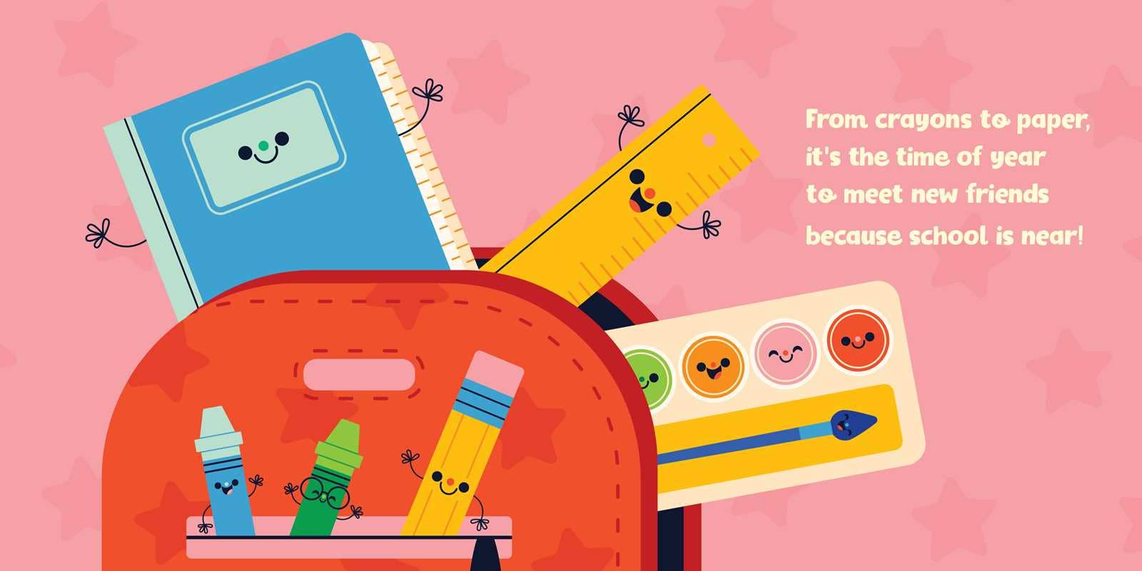 Backpack with stationery items on a pink background with text about school starting.